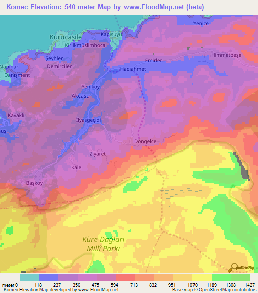 Komec,Turkey Elevation Map