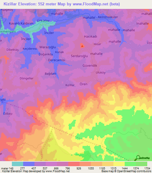 Kizillar,Turkey Elevation Map