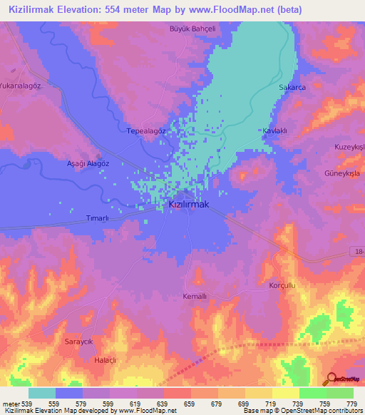 Kizilirmak,Turkey Elevation Map