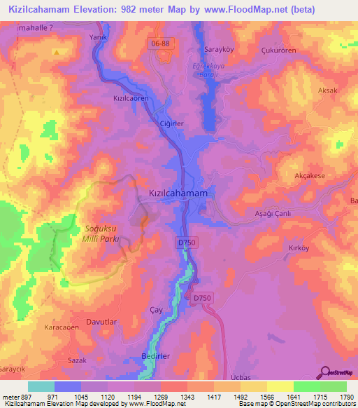 Kizilcahamam,Turkey Elevation Map