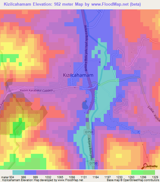 Kizilcahamam,Turkey Elevation Map