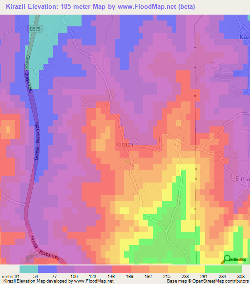 Kirazli,Turkey Elevation Map