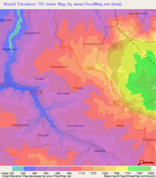 Kirazli,Turkey Elevation Map