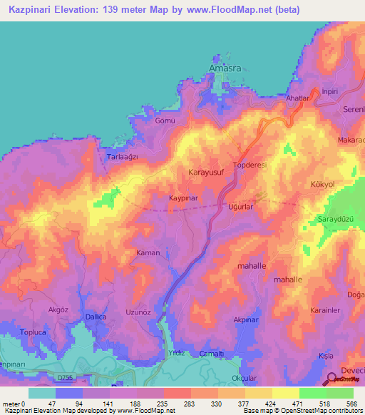 Kazpinari,Turkey Elevation Map