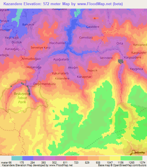 Kazandere,Turkey Elevation Map