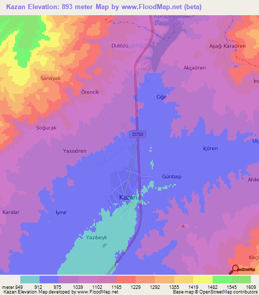 Kazan,Turkey Elevation Map