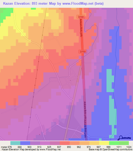 Kazan,Turkey Elevation Map