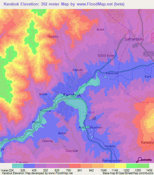 Karabuk,Turkey Elevation Map