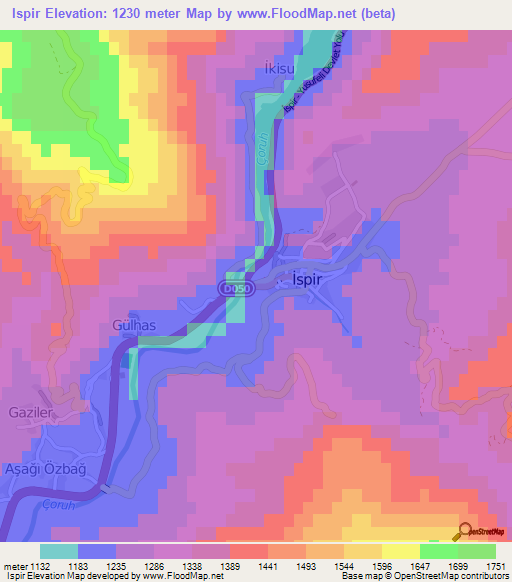 Ispir,Turkey Elevation Map