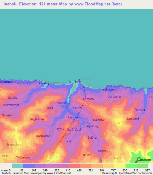 Inebolu,Turkey Elevation Map