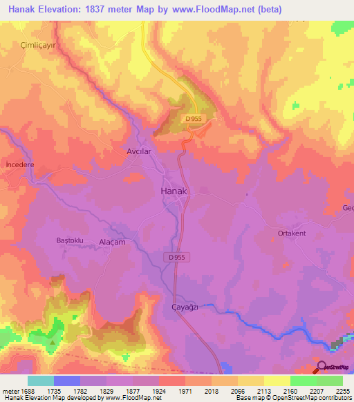 Hanak,Turkey Elevation Map