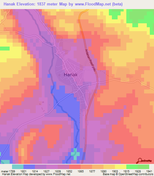 Hanak,Turkey Elevation Map