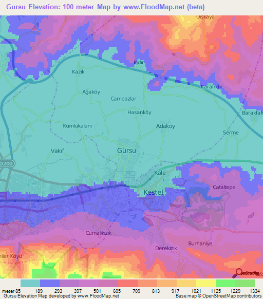 Gursu,Turkey Elevation Map