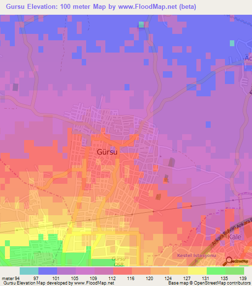 Gursu,Turkey Elevation Map