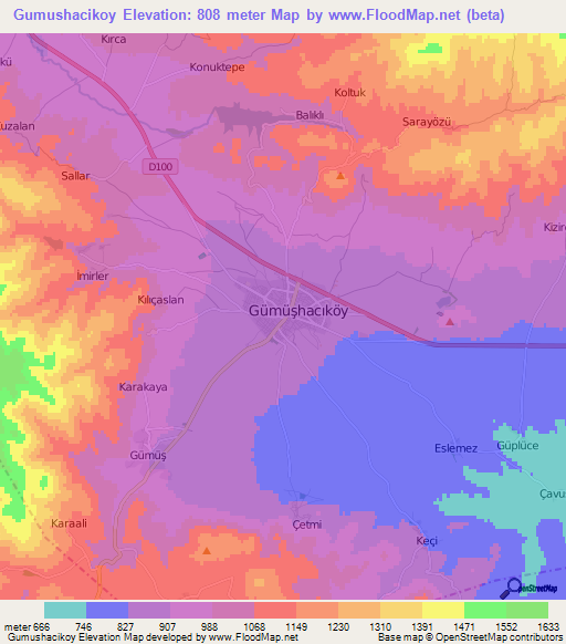 Gumushacikoy,Turkey Elevation Map