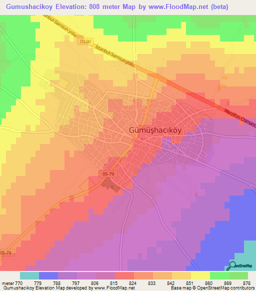 Gumushacikoy,Turkey Elevation Map