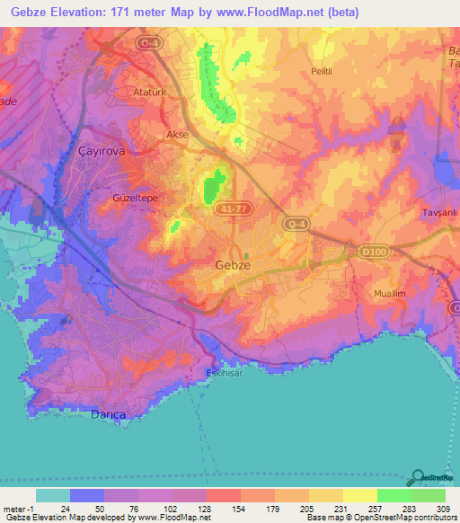 Gebze,Turkey Elevation Map