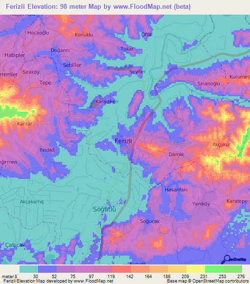 Ferizli,Turkey Elevation Map