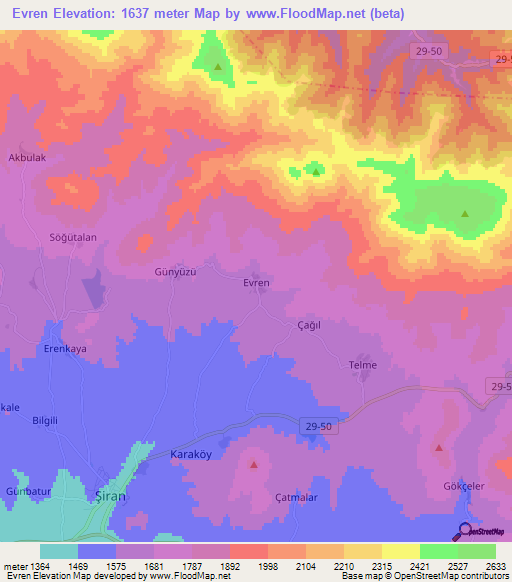 Evren,Turkey Elevation Map