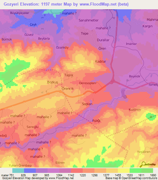 Gozyeri,Turkey Elevation Map