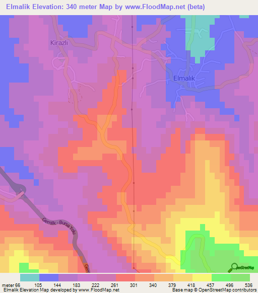 Elmalik,Turkey Elevation Map