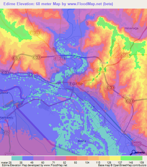 Edirne,Turkey Elevation Map