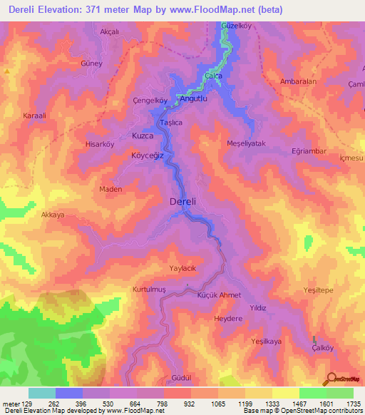 Dereli,Turkey Elevation Map