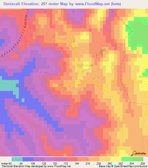 Denizcali,Turkey Elevation Map