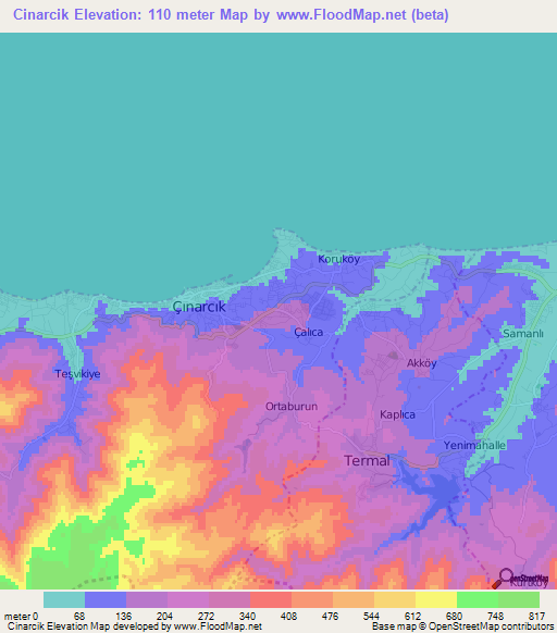 Cinarcik,Turkey Elevation Map