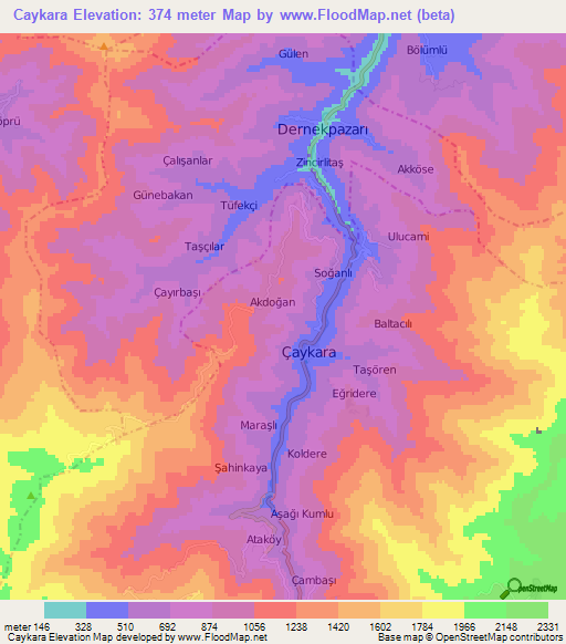 Caykara,Turkey Elevation Map