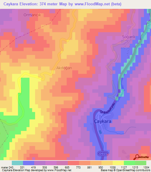 Caykara,Turkey Elevation Map