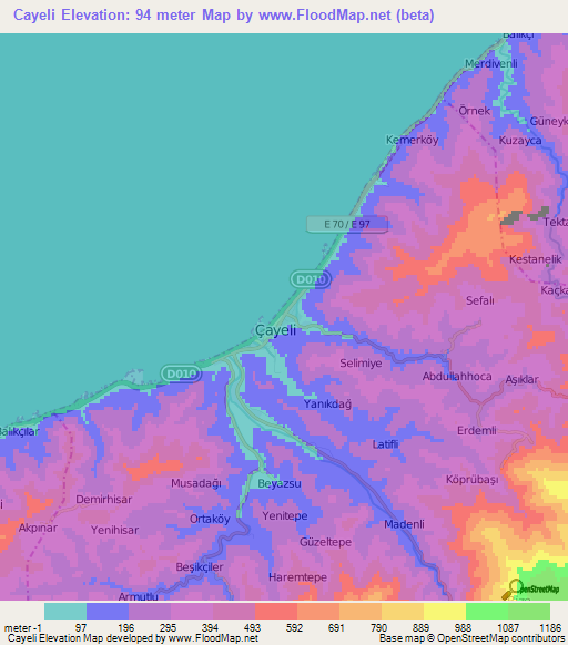 Cayeli,Turkey Elevation Map