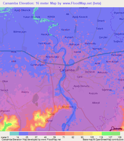 Carsamba,Turkey Elevation Map