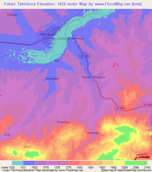 Yukari Tahirhoca,Turkey Elevation Map