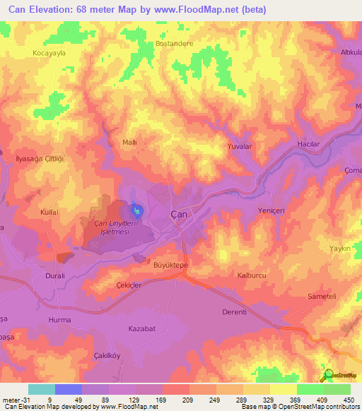 Can,Turkey Elevation Map