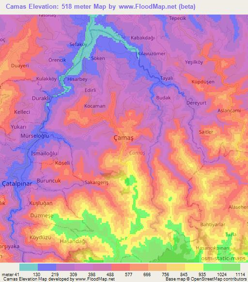 Camas,Turkey Elevation Map