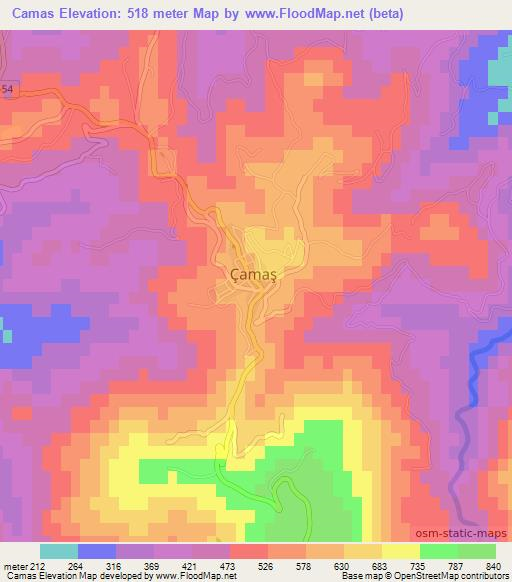 Camas,Turkey Elevation Map