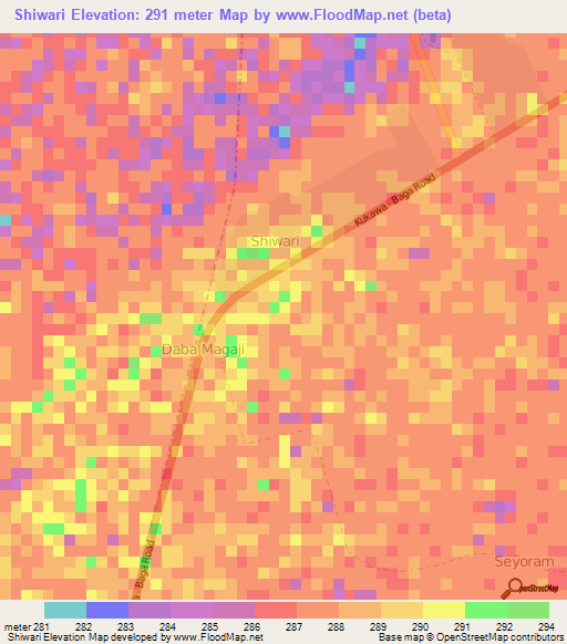 Shiwari,Nigeria Elevation Map