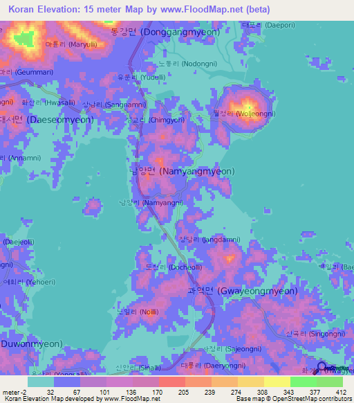 Koran,South Korea Elevation Map