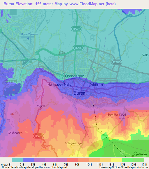 Bursa,Turkey Elevation Map