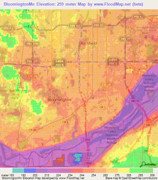 BloomingtonMn,US Elevation Map