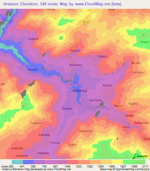 Ardanuc,Turkey Elevation Map