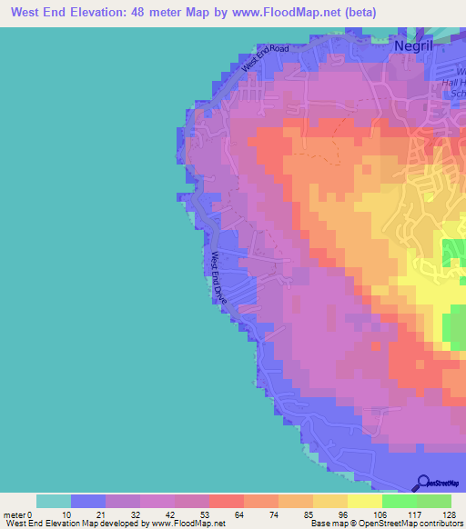 West End,Jamaica Elevation Map