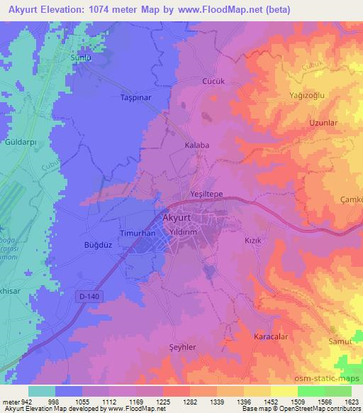 Akyurt,Turkey Elevation Map