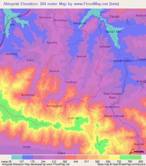 Aktoprak,Turkey Elevation Map