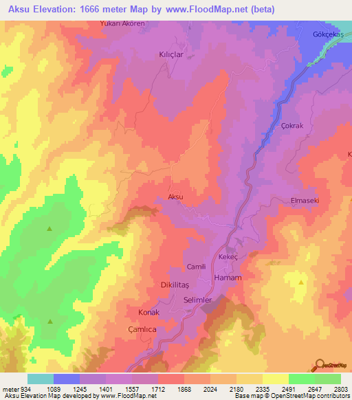 Aksu,Turkey Elevation Map