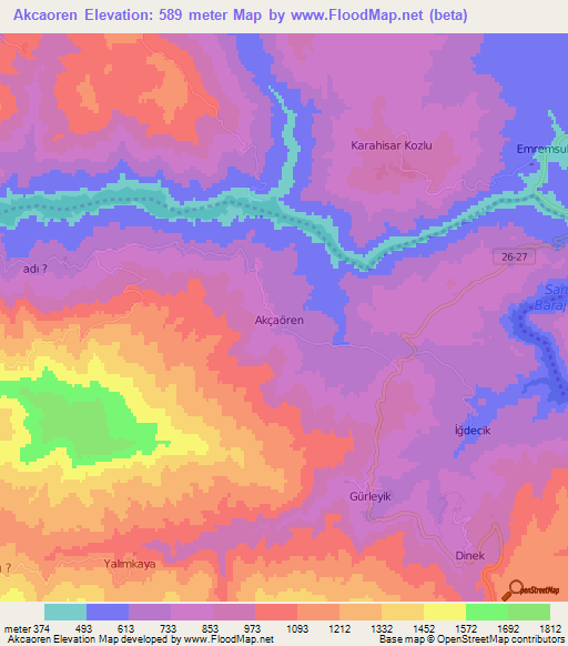 Akcaoren,Turkey Elevation Map