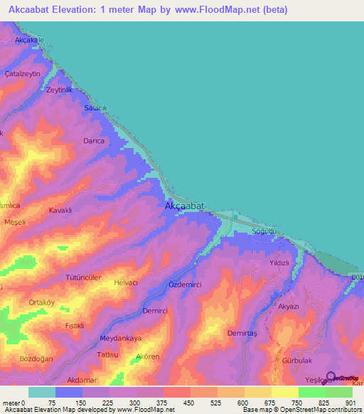 Akcaabat,Turkey Elevation Map