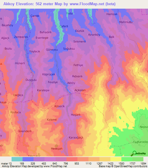 Akkoy,Turkey Elevation Map