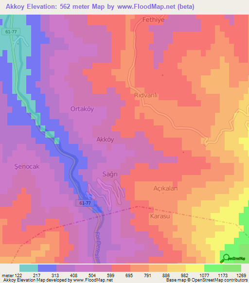 Akkoy,Turkey Elevation Map